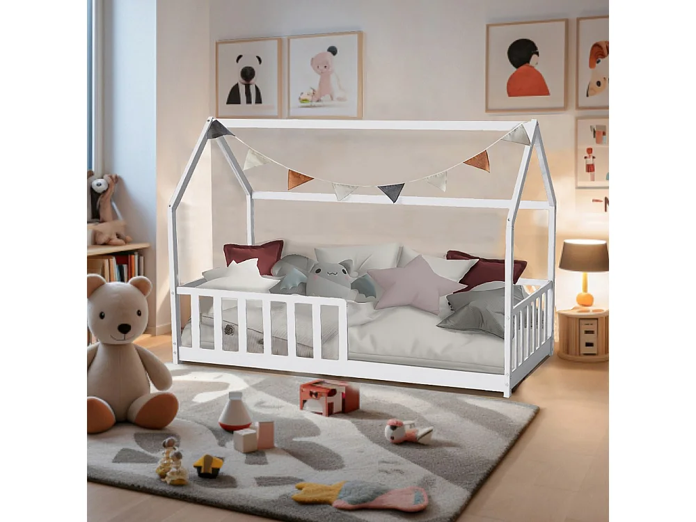 Lit cabane Kiwi 90x190 avec sommier et matelas /Blanc