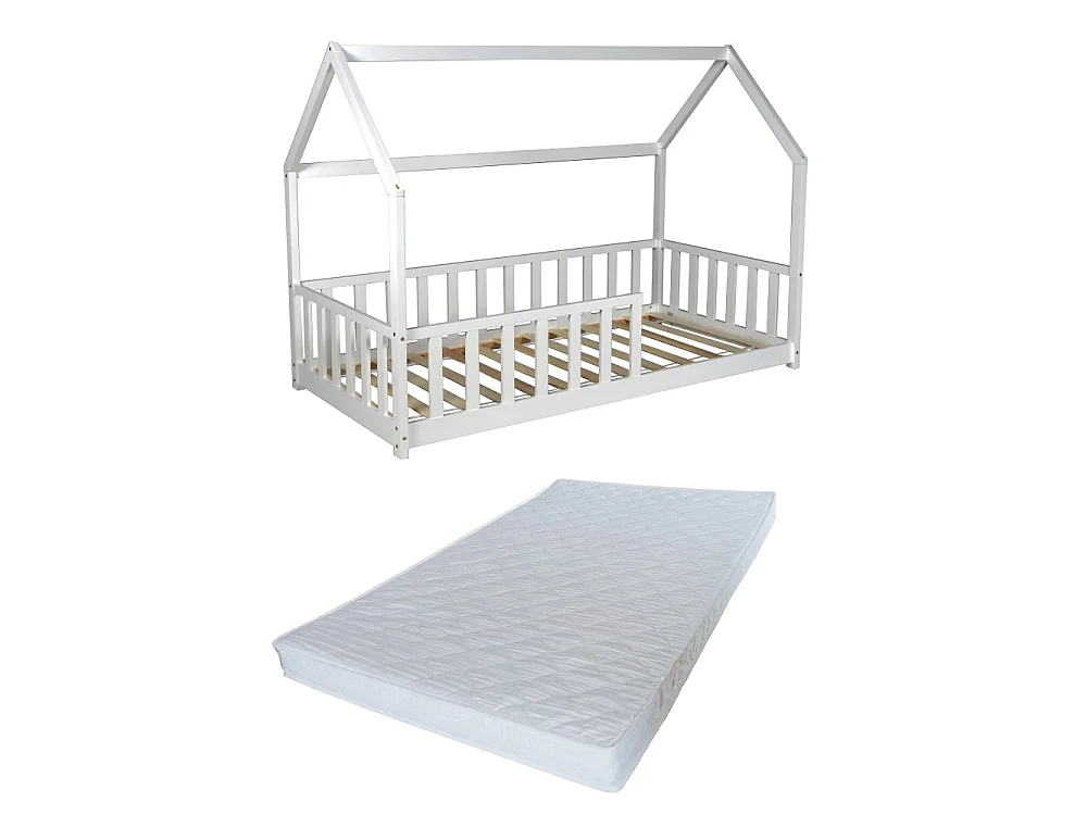 Lit cabane Kiwi 90x190 avec sommier et matelas /Blanc