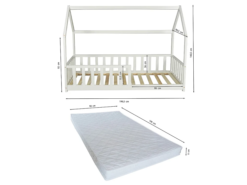 Lit cabane Kiwi 90x190 avec sommier et matelas /Blanc