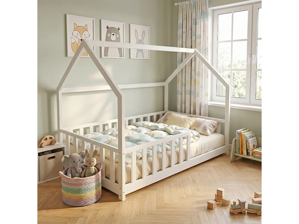 Lit cabane Kiwi 90x190 avec sommier et matelas /Blanc