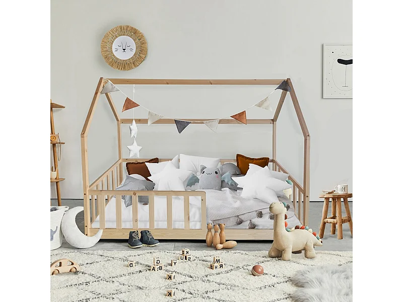 Lit cabane Kiwi 90x190 avec sommier et matelas /Naturel