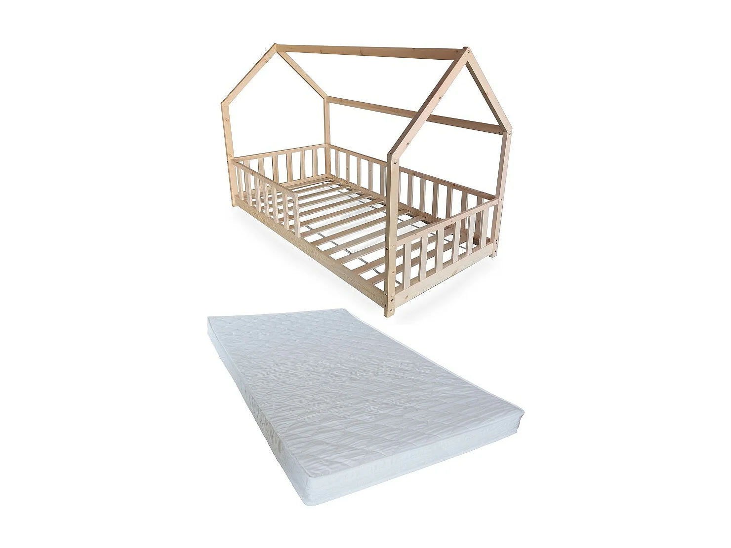 Lit cabane Kiwi 90x190 avec sommier et matelas /Naturel