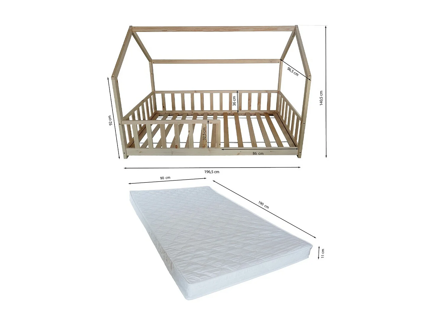 Lit cabane Kiwi 90x190 avec sommier et matelas /Naturel