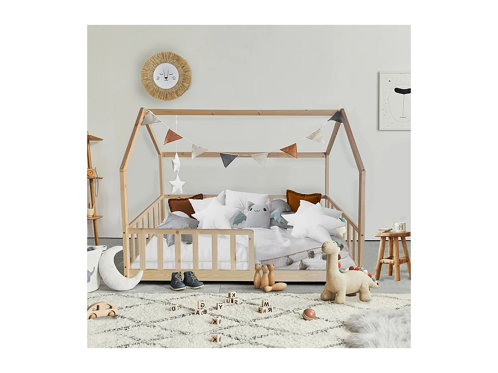 Lit cabane Kiwi 90x190 avec sommier et matelas /Naturel