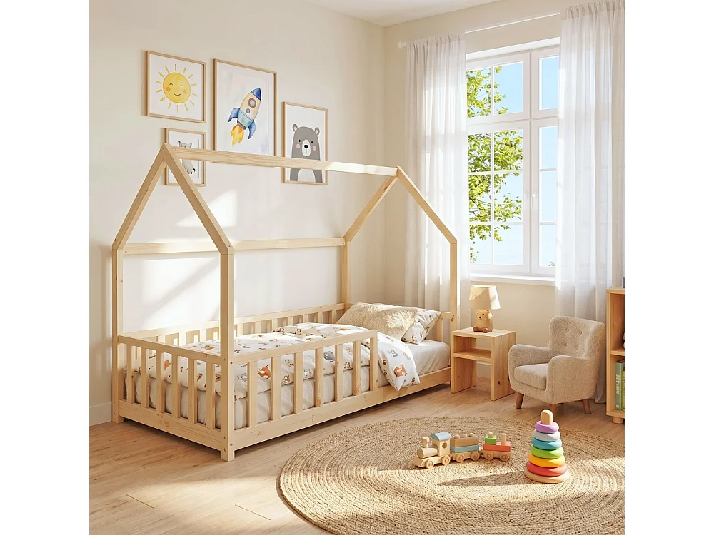Lit cabane Kiwi 90x190 avec sommier et matelas /Bois clair