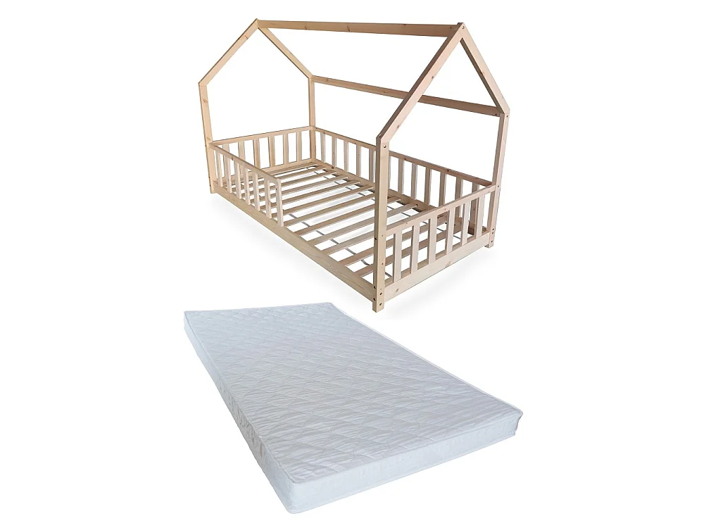 Lit cabane Kiwi 90x190 avec sommier et matelas /Bois clair
