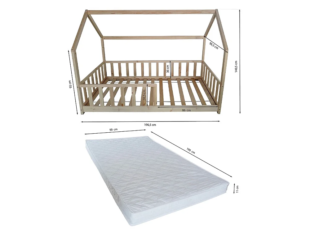 Lit cabane Kiwi 90x190 avec sommier et matelas /Bois clair