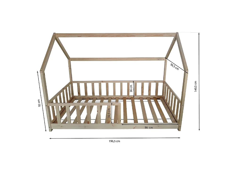 Lit cabane Kiwi 90x190 avec sommier et Matelas /Bois clair