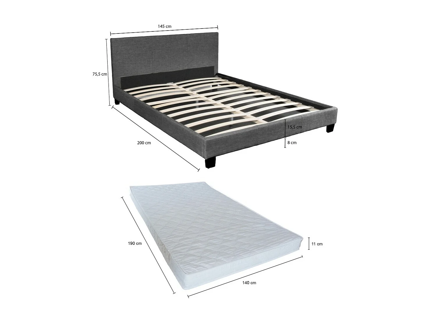 Ensemble Matelas + Lit 140x190 DUBLIN / Gris foncé
