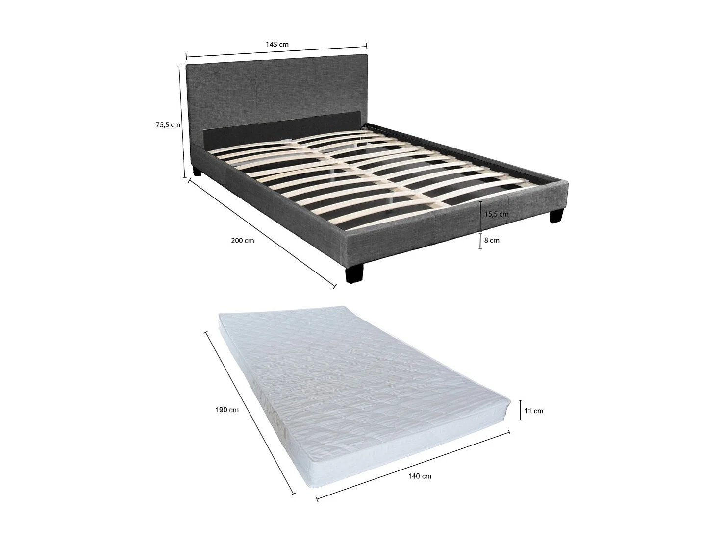 Ensemble Matelas + Lit 140x190 DUBLIN / Gris foncé