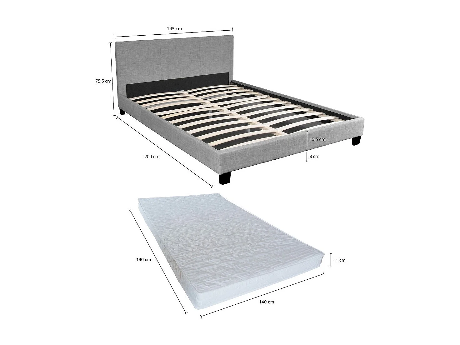 Ensemble Matelas + Lit 140x190 DUBLIN / Gris clair