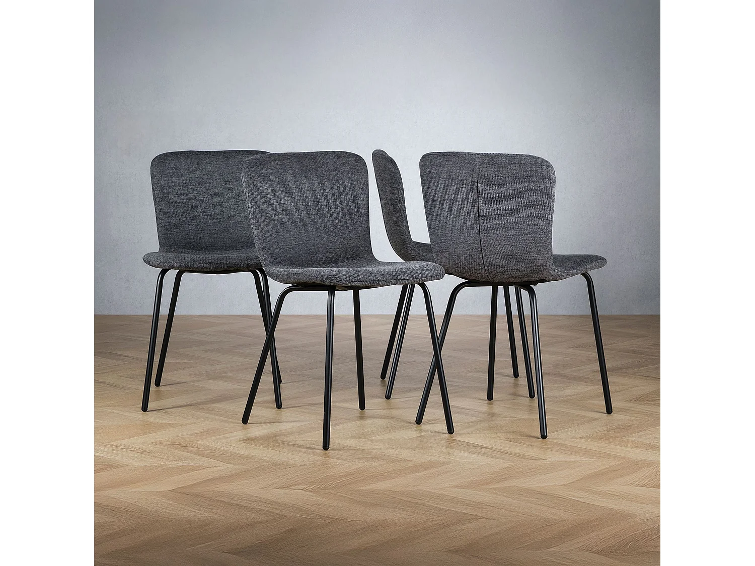 Lot de 4 chaises AUDREY avec revêtement en tissu noir et structure en métal noir, chaise de salle à manger