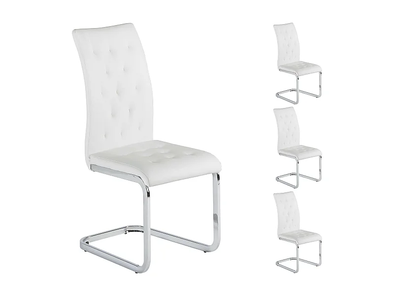 Lot de 4 chaises de salle à manger CHLOE avec assise capitonnée et piétement chromé, revêtement en synthétique blanc