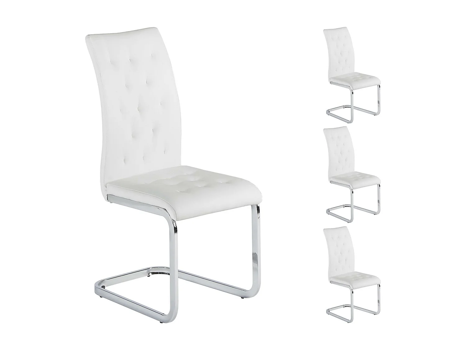 Lot de 4 chaises de salle à manger CHLOE avec assise capitonnée et piétement chromé, revêtement en synthétique blanc