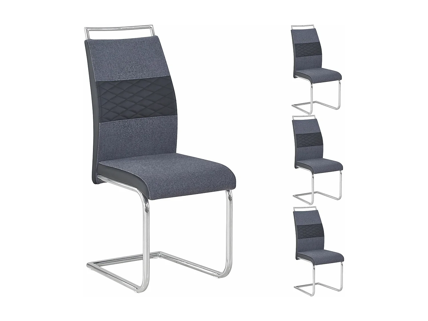 Lot de 4 chaises de salle à manger ou cuisine ERZA avec assise rembourrée poignée et piètement chromé, en tissu gris foncé et noir