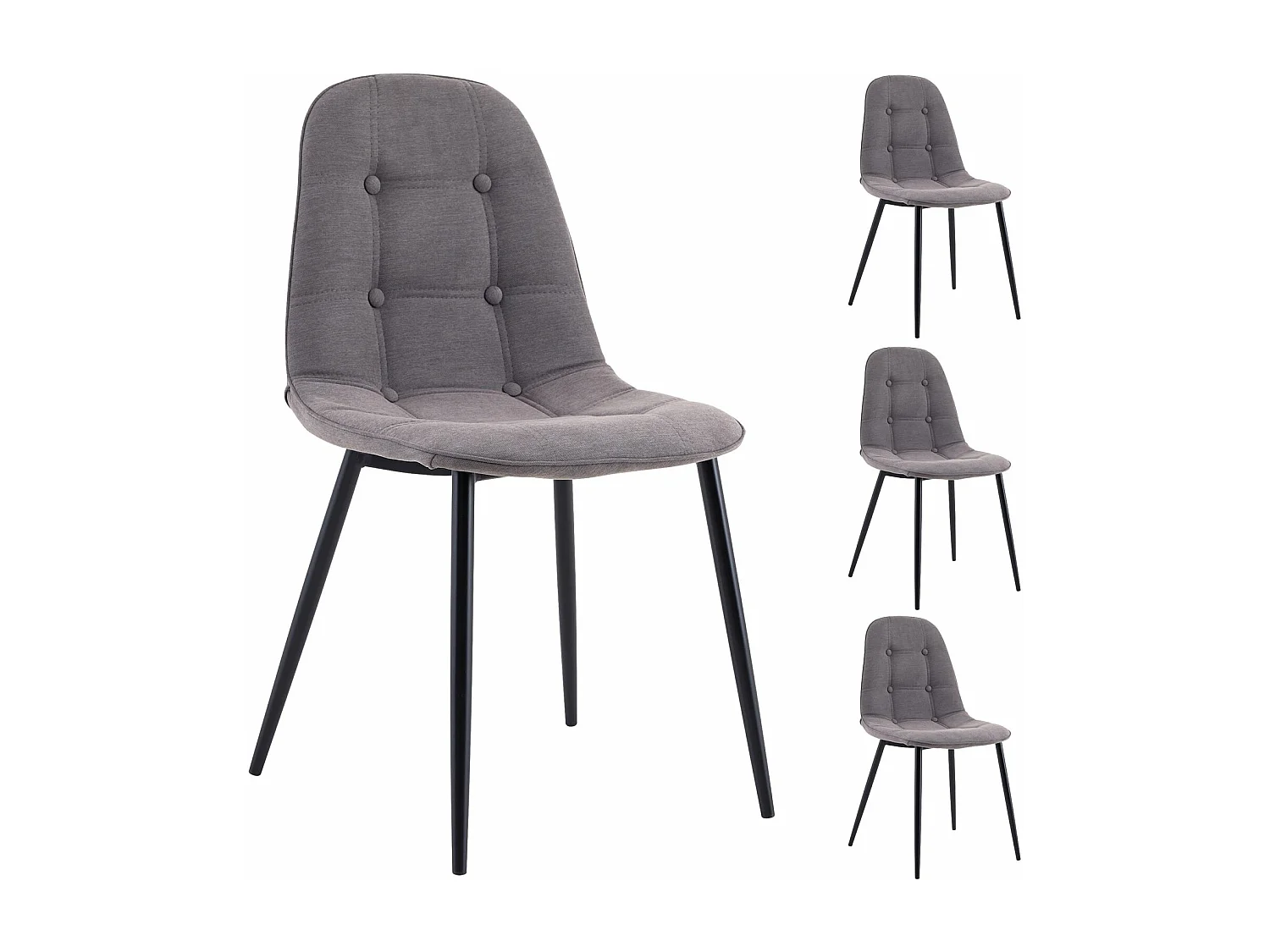 Lot de 4 chaises ALVARO pour salle à manger, avec 4 pieds en métal noir et assise capitonnée, revêtement en tissu gris