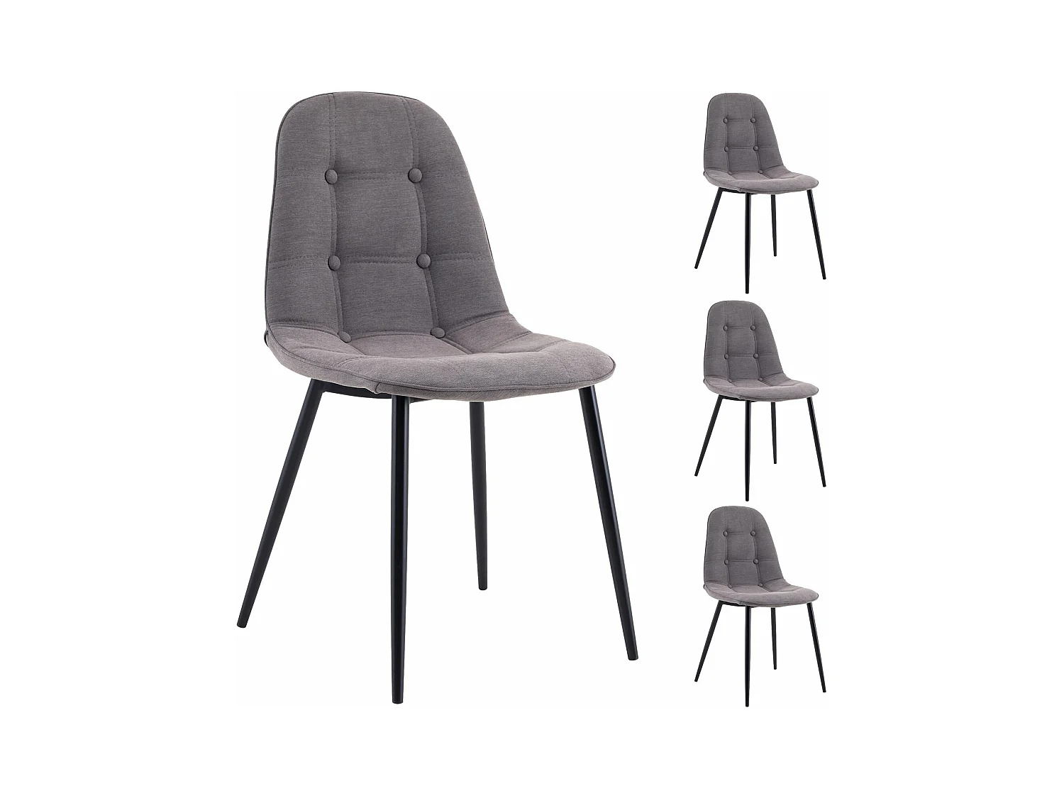 Lot de 4 chaises ALVARO pour salle à manger, avec 4 pieds en métal noir et assise capitonnée, revêtement en tissu gris