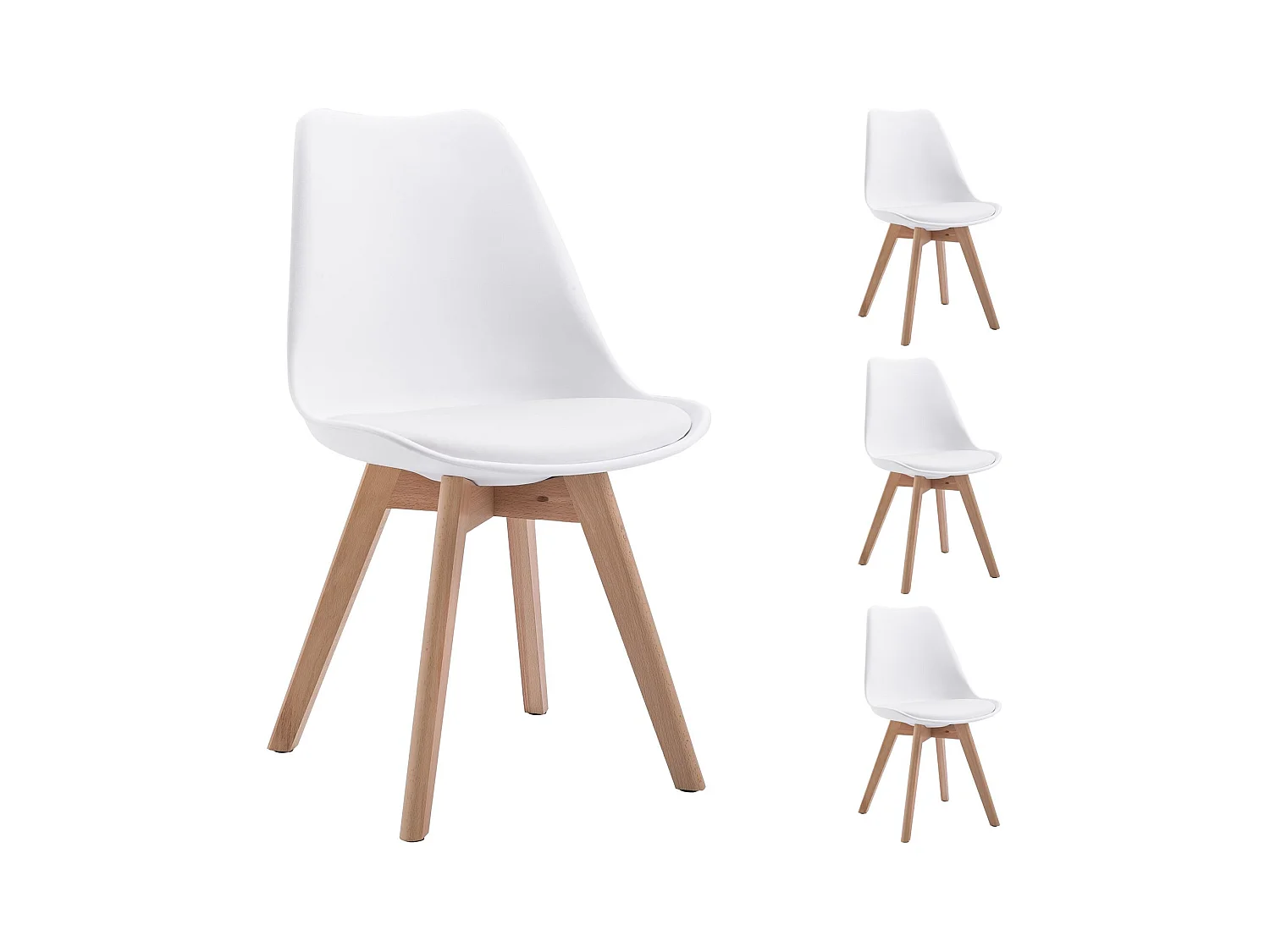 Lot de 4 chaises de salle à manger ABBY style scandinave design nordique piètement bois massif, siège coque en plastique blanc