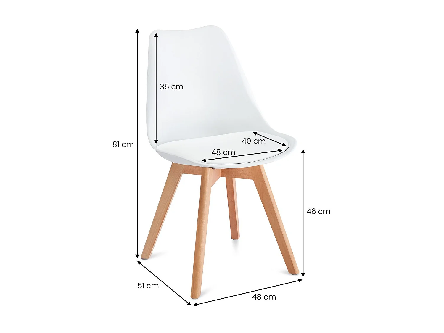 Lot de 4 chaises de salle à manger ABBY style scandinave design nordique piètement bois massif, siège coque en plastique blanc
