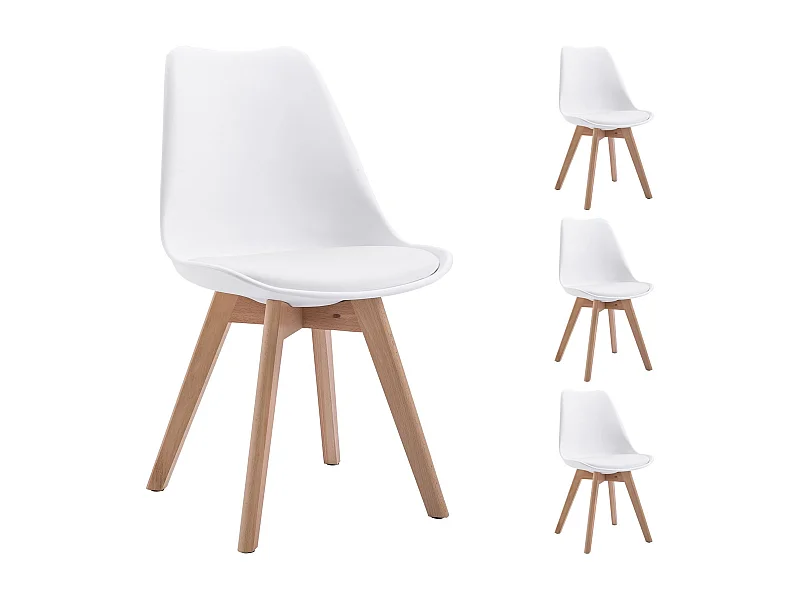 Lot de 4 chaises de salle à manger ABBY style scandinave design nordique piètement bois massif, siège coque en plastique blanc