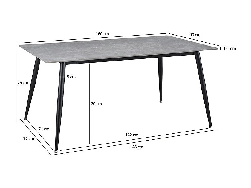 Table 160 cm céramique gris béton pieds évasés métal noir - RYDER 2