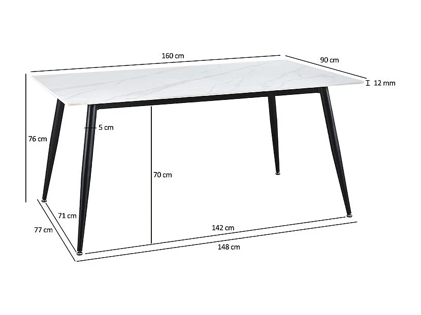 Table 160 cm céramique blanc marbré pieds évasés métal noir - RYDER 2