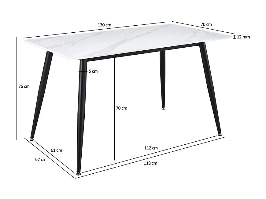 Table 130 x 70 cm céramique blanc marbré pieds métal noir - RYDER 2