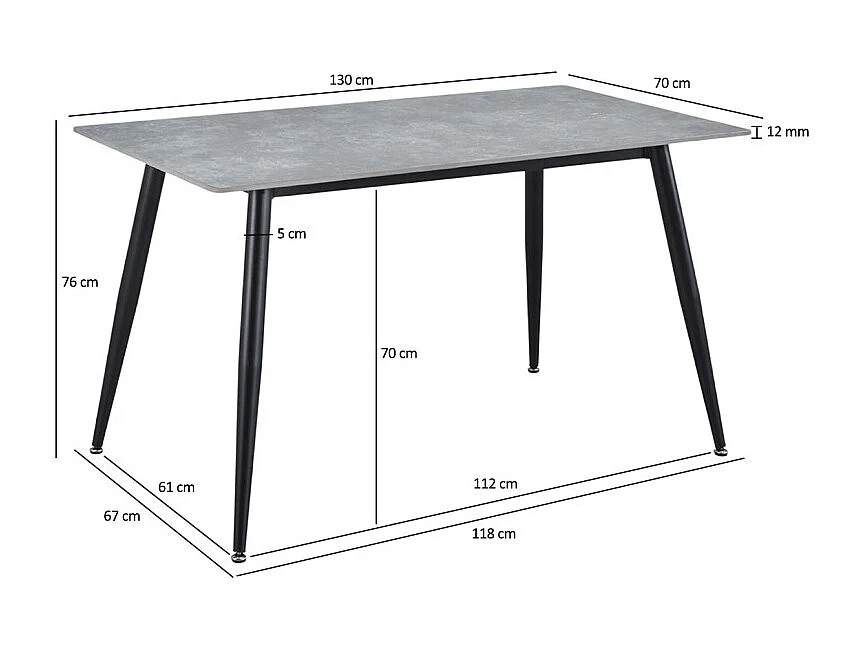 Table 130 x 70 cm céramique gris béton pieds métal noir - RYDER 2