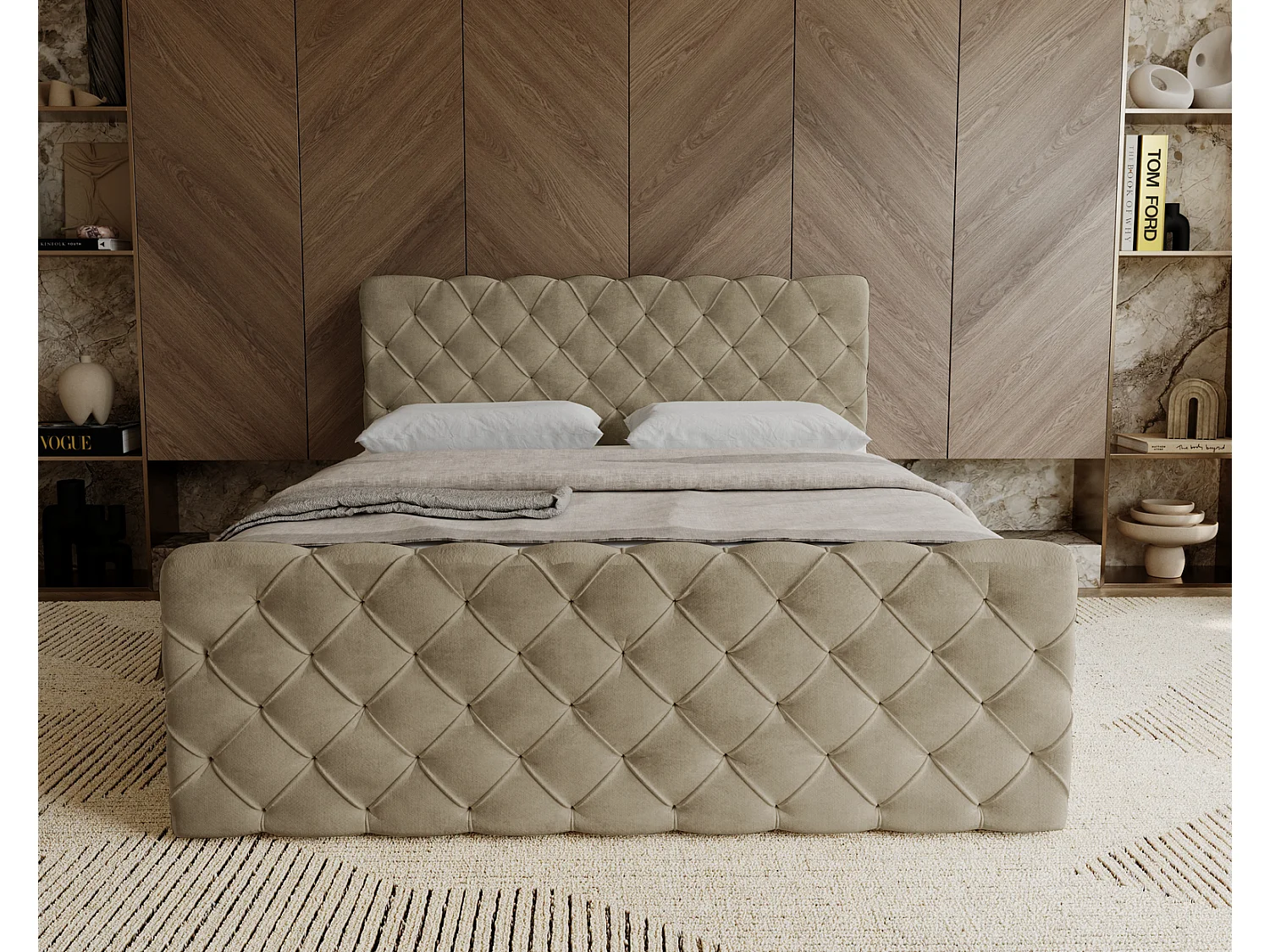 Lit adulte avec Rangement 180x200 Portofino - Lit boxspring, chesterfield, Tissu Velours Beige (Elegance 5)