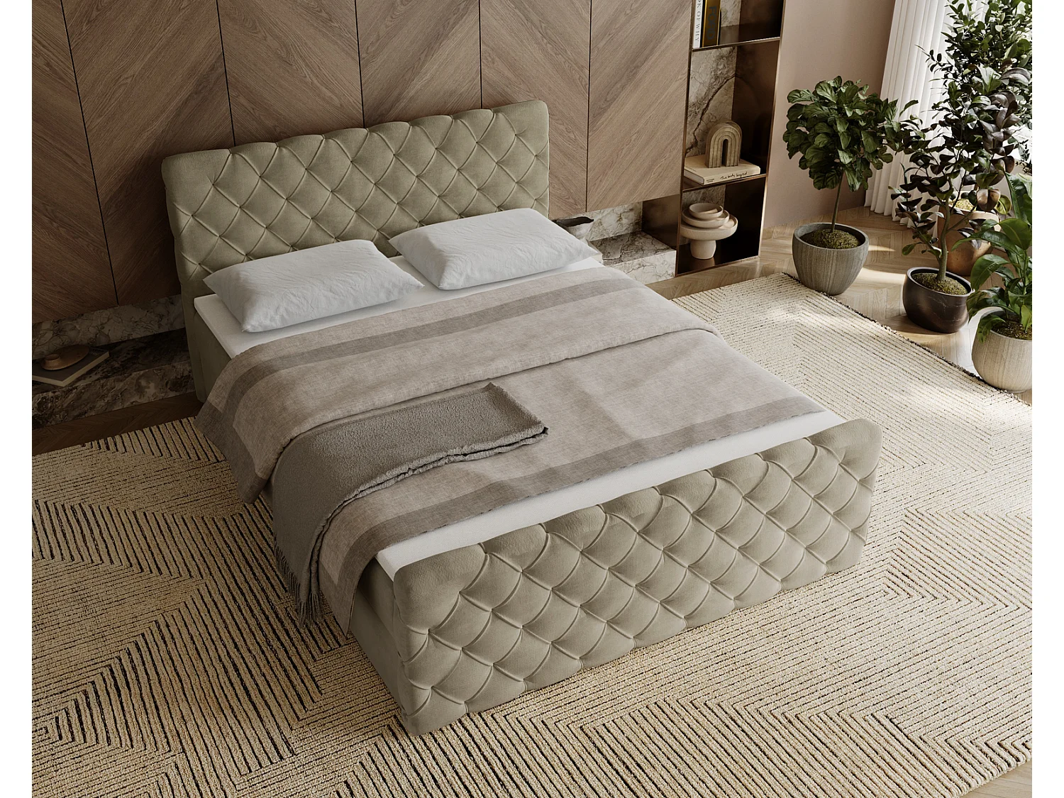 Lit adulte avec Rangement 180x200 Portofino - Lit boxspring, chesterfield, Tissu Velours Beige (Elegance 5)