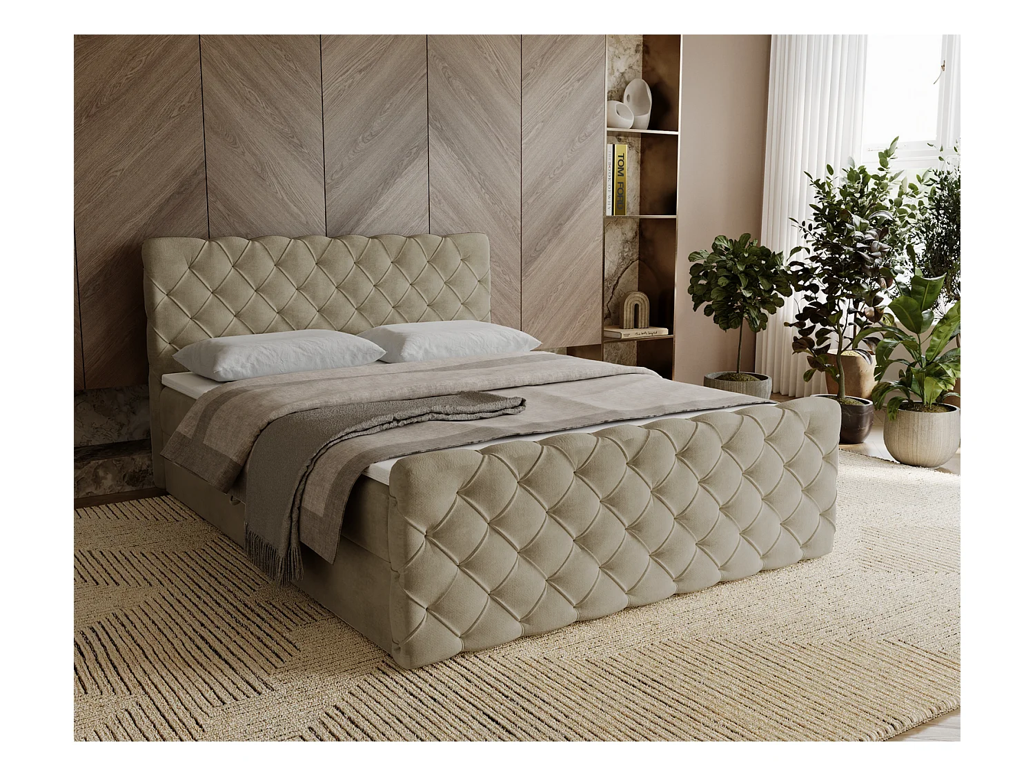 Lit adulte avec Rangement 180x200 Portofino - Lit boxspring, chesterfield, Tissu Velours Beige (Elegance 5)