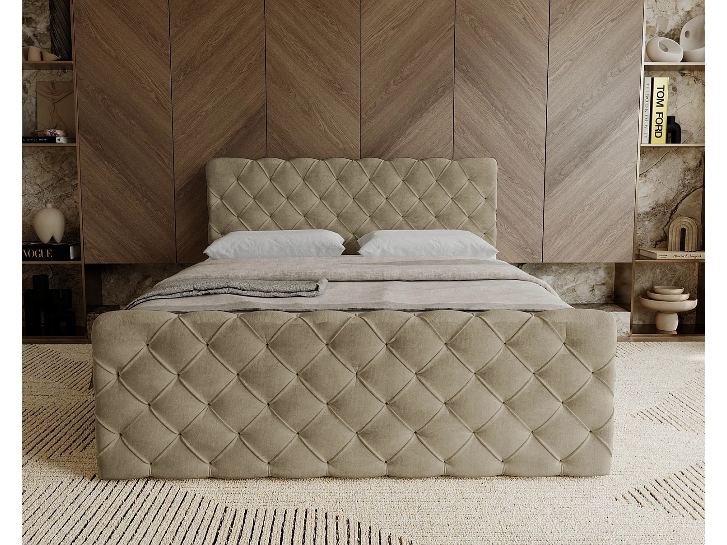 Lit adulte avec Rangement 180x200 Portofino - Lit boxspring, chesterfield, Tissu Velours Beige (Elegance 5)