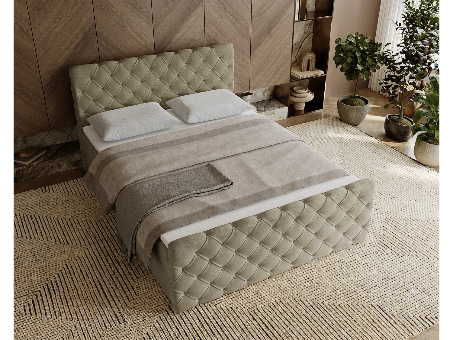 Lit adulte avec Rangement 180x200 Portofino - Lit boxspring, chesterfield, Tissu Velours Beige (Elegance 5)