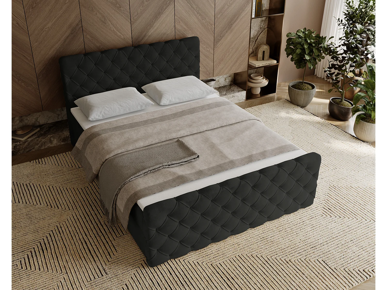 Gestoffeerd bed 160x200 Portofino - bed met opbergruimte, geïntegreerde veringmatras - Tweepersoonsbed zwart (Elegance 21)