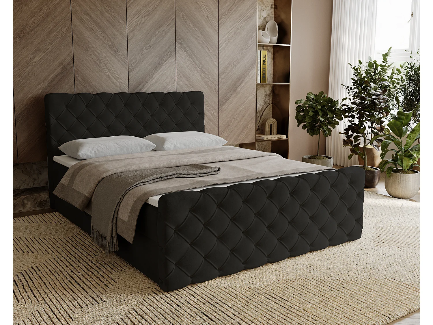 Gestoffeerd bed 180x200 Portofino - bed met opbergruimte, geïntegreerde veringmatras - Tweepersoonsbed zwart (Elegance 21)