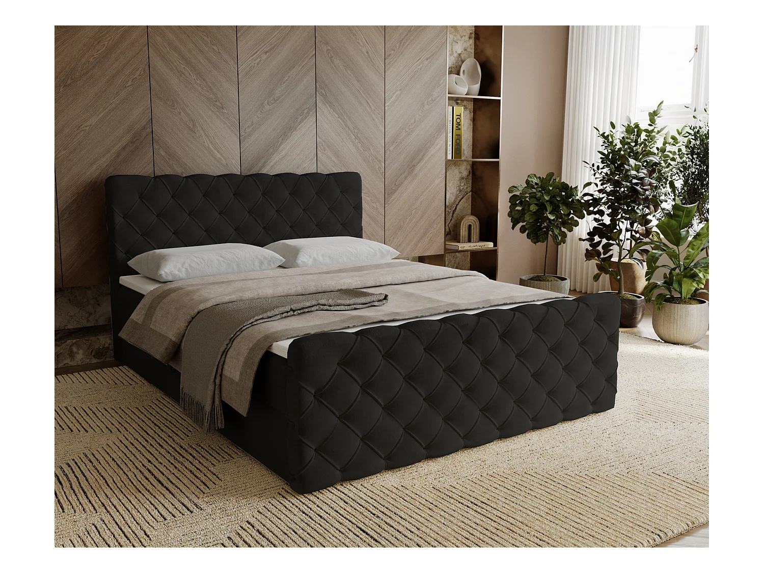 Lit adulte avec Rangement 180x200 Portofino - Lit boxspring, chesterfield, Tissu Velours Noir (Elegance 21)