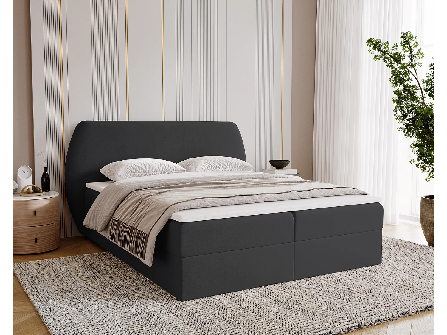 Lit adulte 180x200 cm Cartagena - Lit capitonné avec Rangement, Matelas H3 - Lit double Noir (Komodo 23)