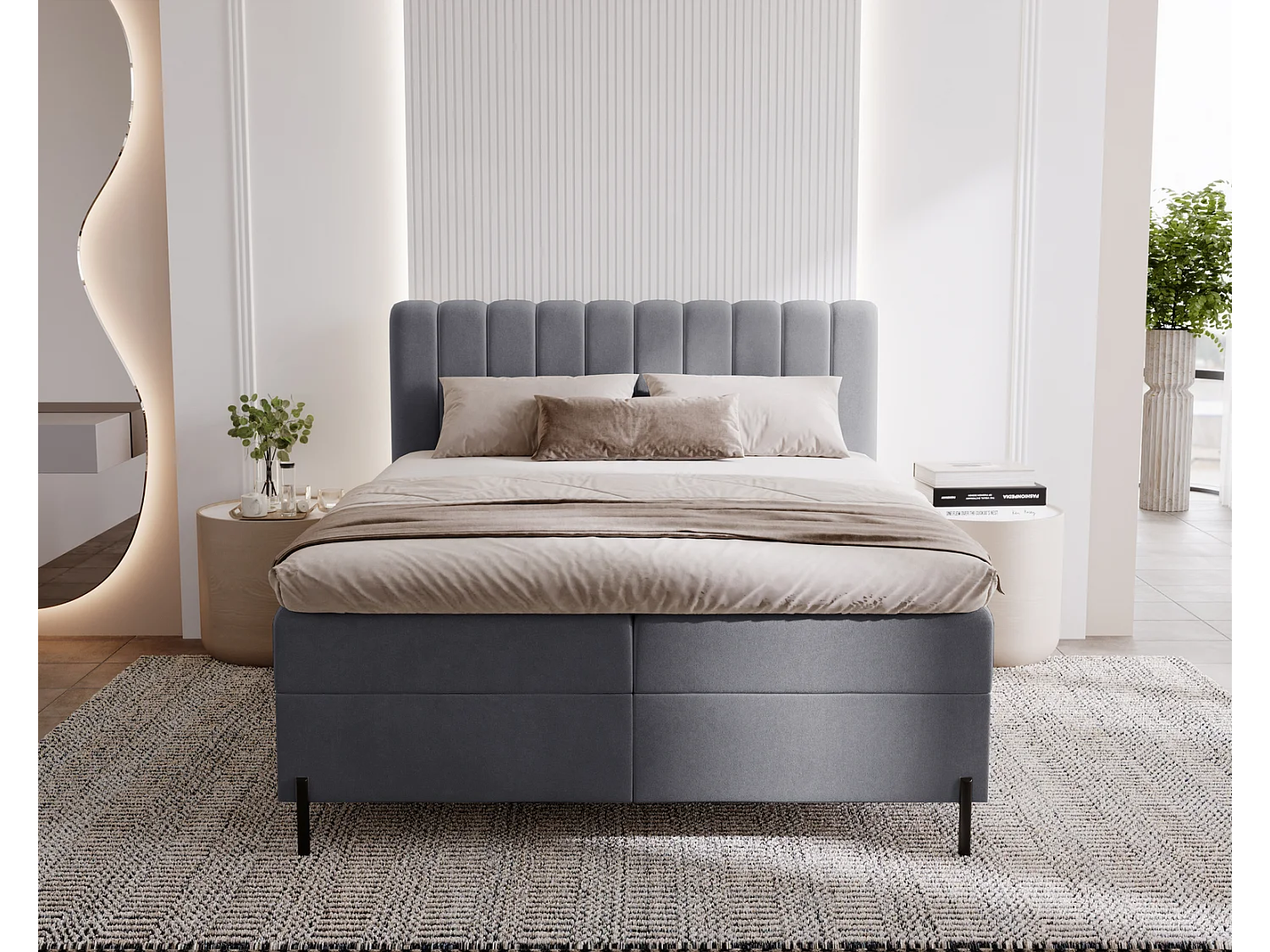 Tweepersoonsbed 160x200 Florence Box, gestoffeerd bed met opbergruimte - bed met matras en topper, grijs (Komodo 21)