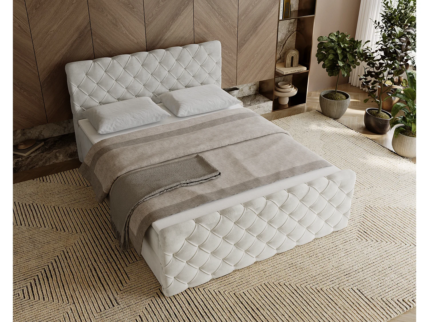 Gestoffeerd bed 160x200 Portofino - bed met opbergruimte, geïntegreerde veringmatras - Tweepersoonsbed crème (Elegance 1)