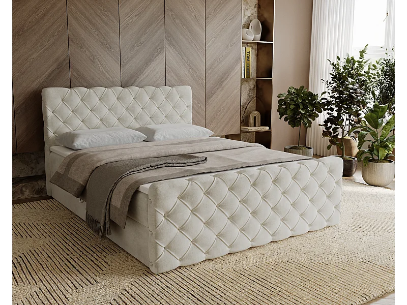 Gestoffeerd bed 160x200 Portofino - bed met opbergruimte, geïntegreerde veringmatras - Tweepersoonsbed crème (Elegance 1)