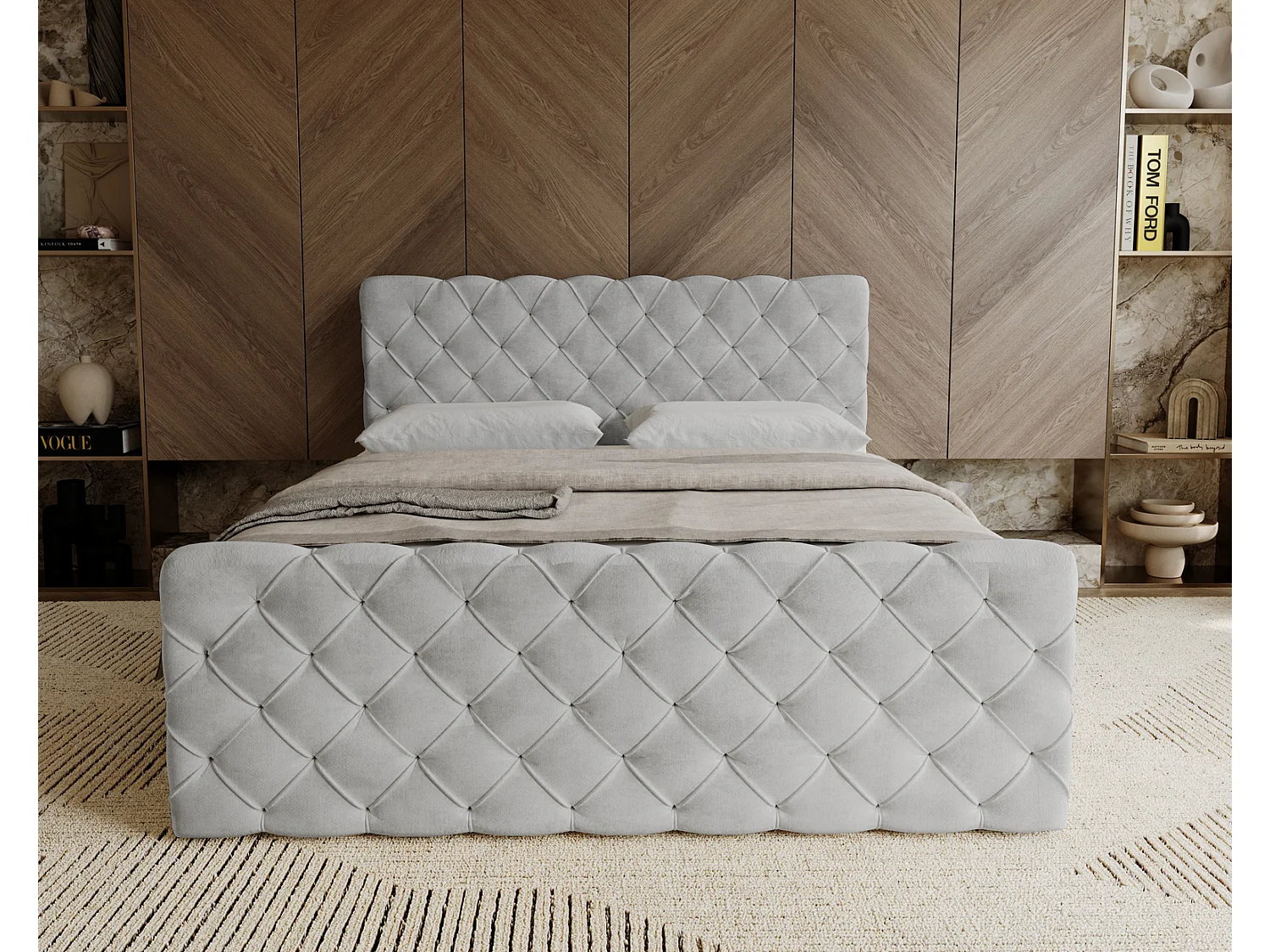 Lit adulte avec Rangement 180x200 Portofino - Lit boxspring, chesterfield, Tissu Velours Gris clair (Elegance 13)