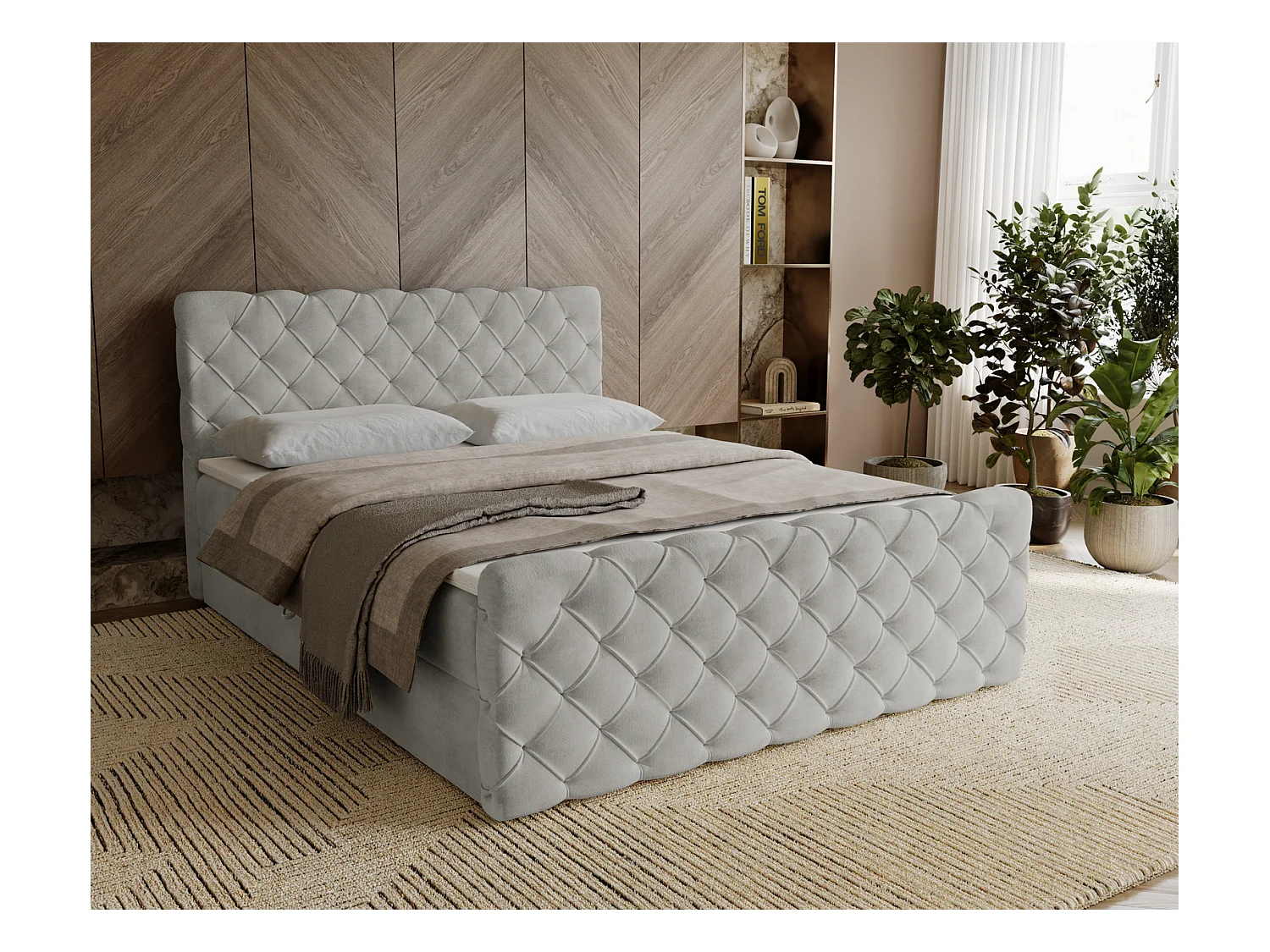 Lit adulte avec Rangement 180x200 Portofino - Lit boxspring, chesterfield, Tissu Velours Gris clair (Elegance 13)