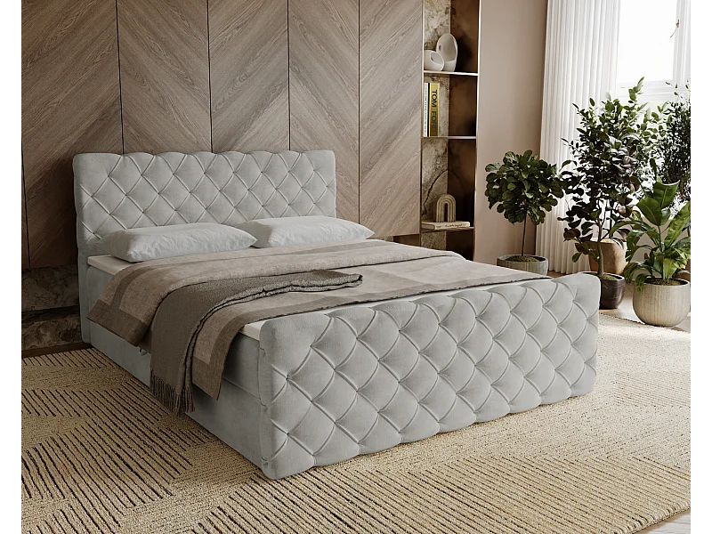 Lit adulte avec Rangement 180x200 Portofino - Lit boxspring, chesterfield, Tissu Velours Gris clair (Elegance 13)