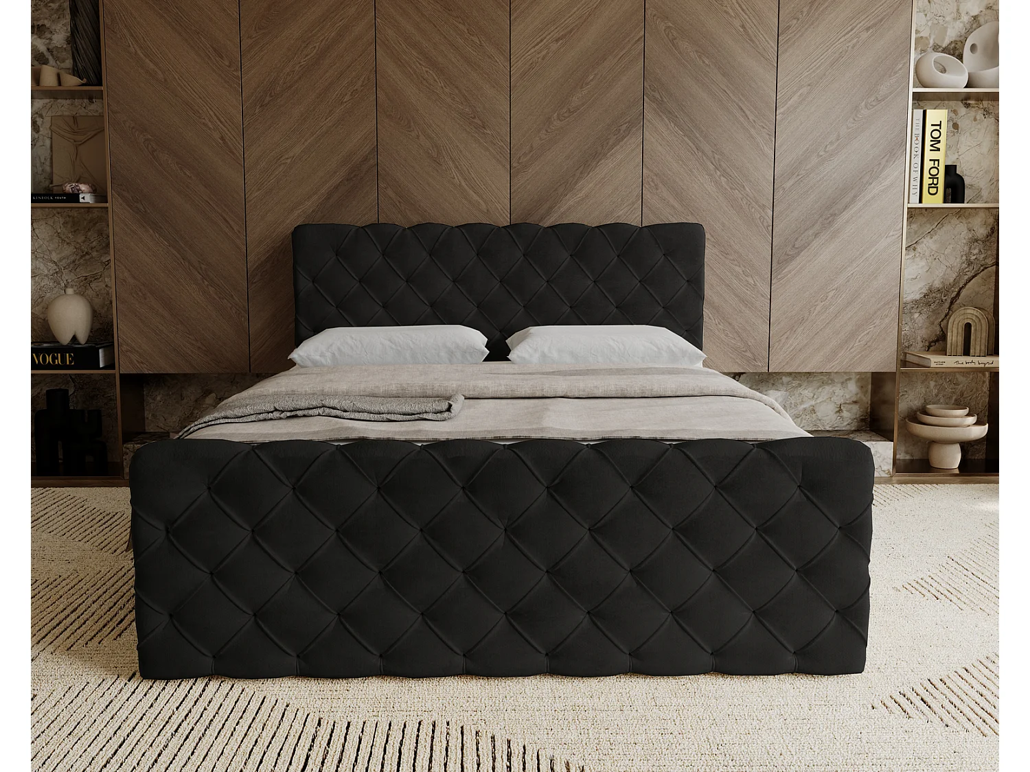Lit adulte avec Rangement 140x200 Portofino - Lit boxspring, chesterfield, Tissu Velours Noir (Elegance 21)
