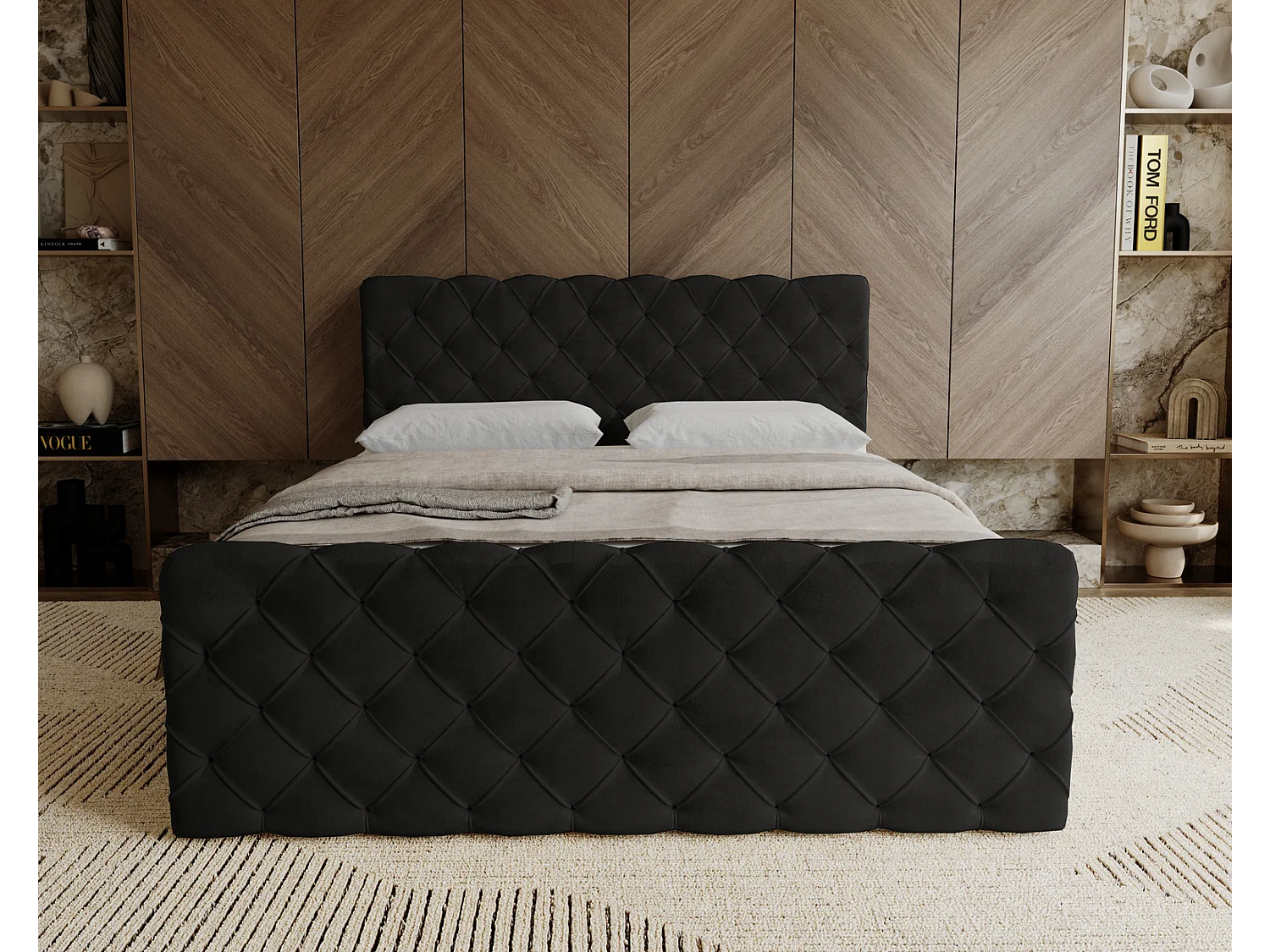 Emporius Portofino łóżko kontynentalne 140x200 - łóżko małżeńskie z nakładką na materac, materac H3 - tkanina aksamitna, czarny (Elegance 21)