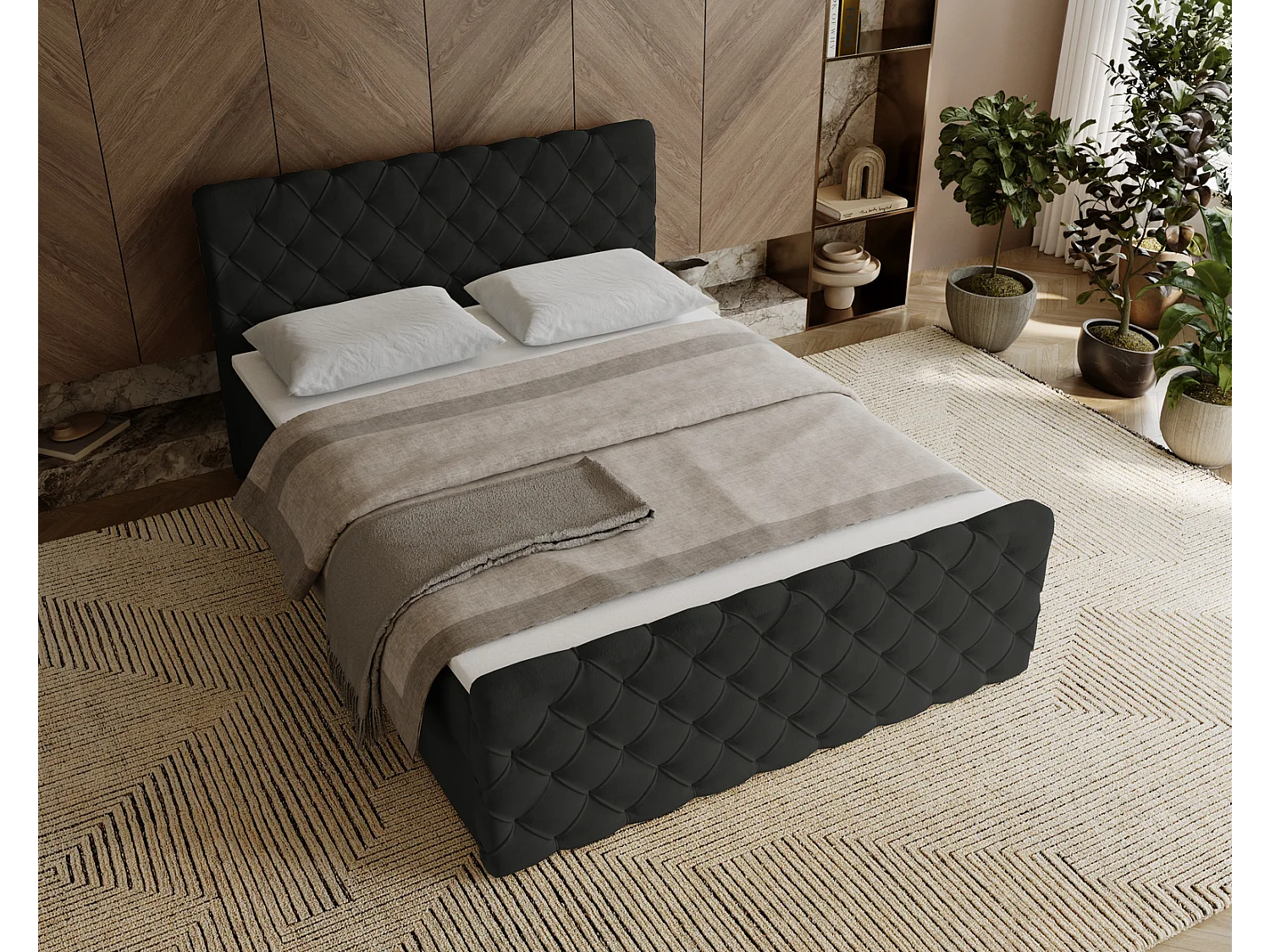 Emporius Portofino łóżko kontynentalne 140x200 - łóżko małżeńskie z nakładką na materac, materac H3 - tkanina aksamitna, czarny (Elegance 21)