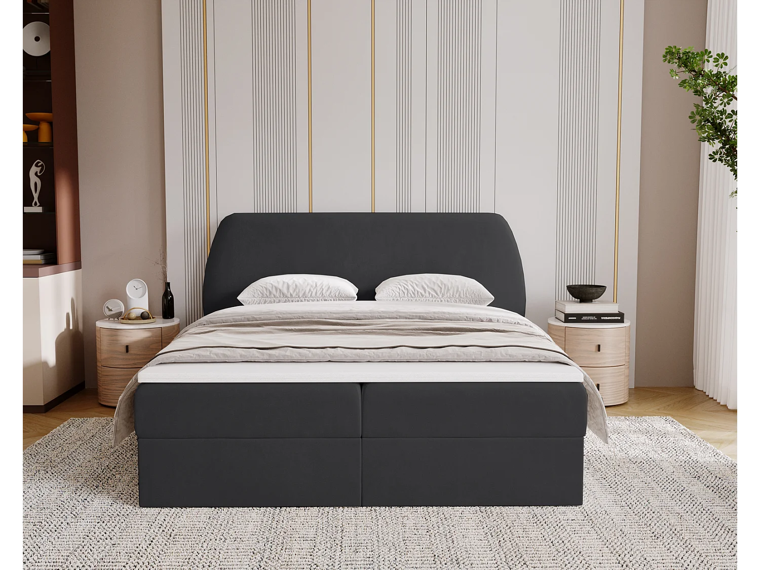 Boxspringbed 160x200 Cartagena - bed met geïntegreerde veringmatras, topper, opbergruimte - gestoffeerd bed zwart (Komodo 23)