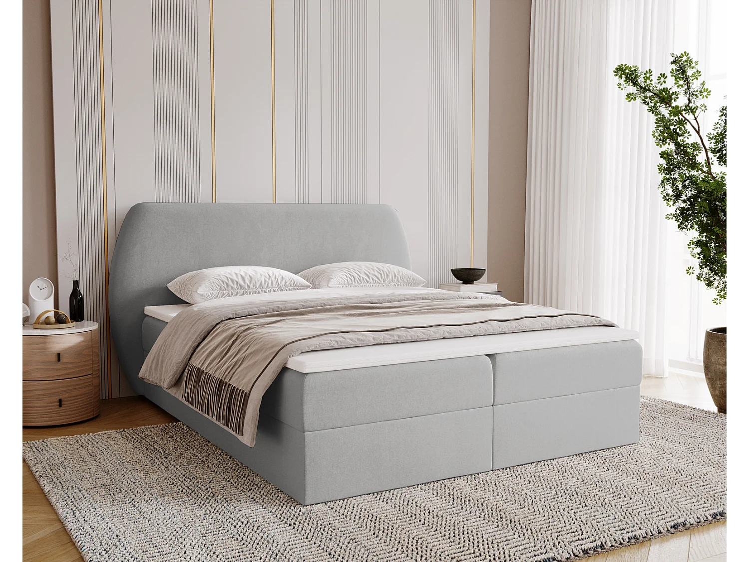 Lit adulte 180x200 cm Cartagena - Lit capitonné avec Rangement, Matelas H3 - Lit double Gris clair (Komodo 20)