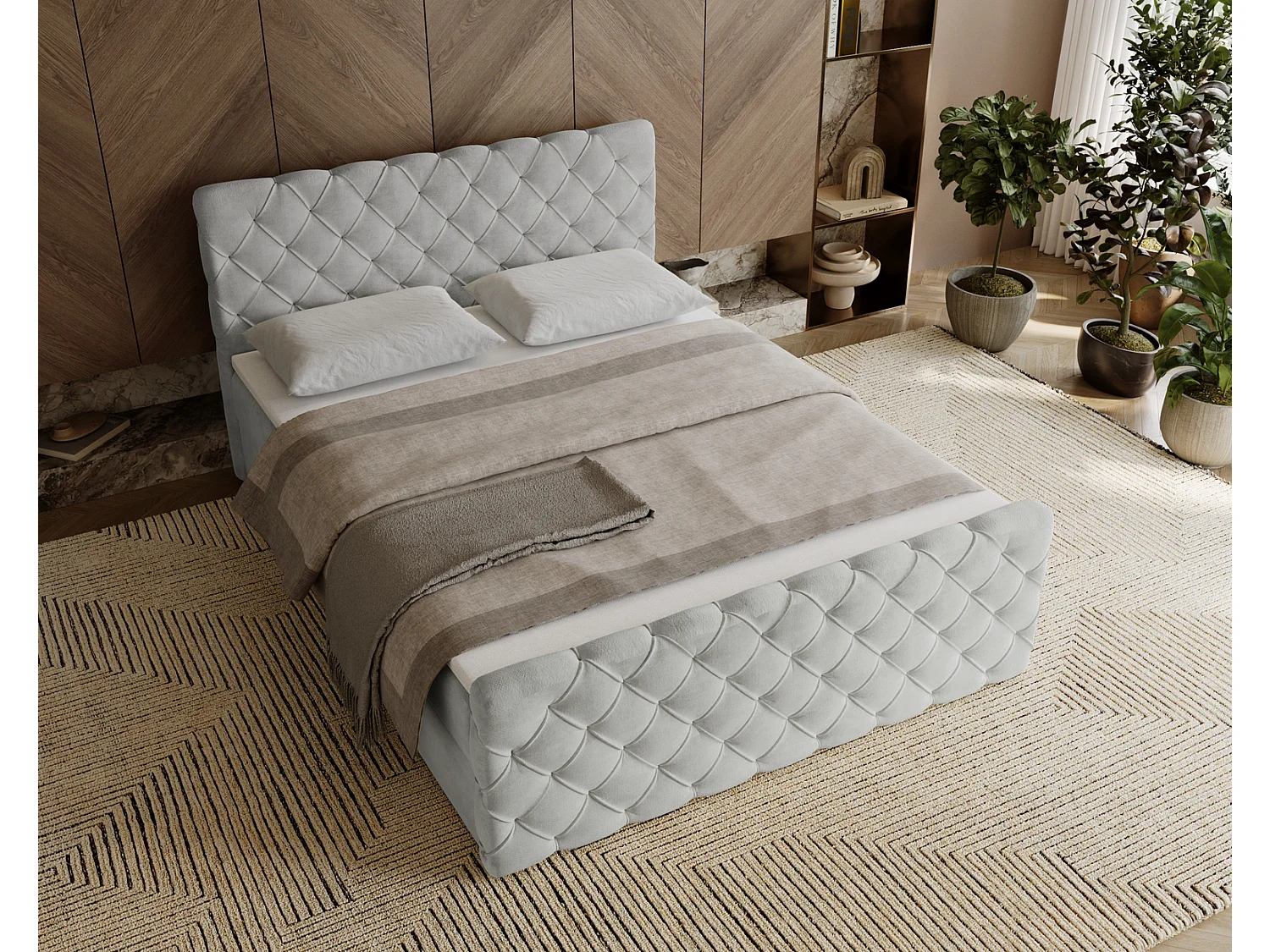 Lit adulte avec Rangement 160x200 Portofino - Lit boxspring, chesterfield, Tissu Velours Gris clair (Elegance 13)