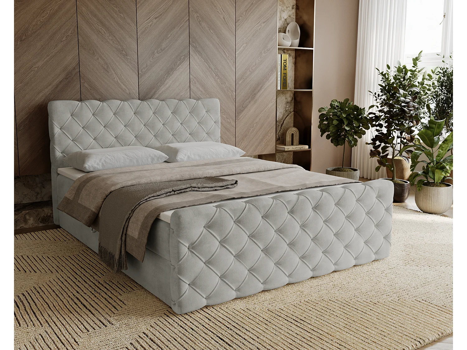 Gestoffeerd bed 160x200 Portofino - bed met opbergruimte, geïntegreerde veringmatras - Tweepersoonsbed lichtgrijs (Elegance 13)